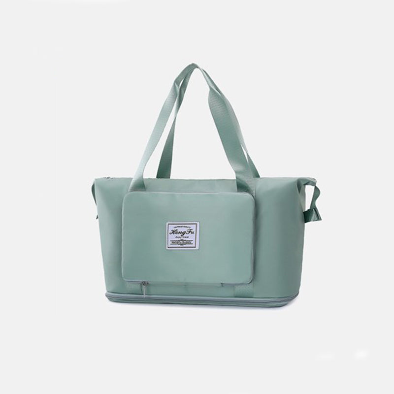 Green bag with a visible brand label on a light gray background