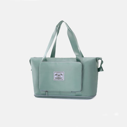 Green bag with a visible brand label on a light gray background