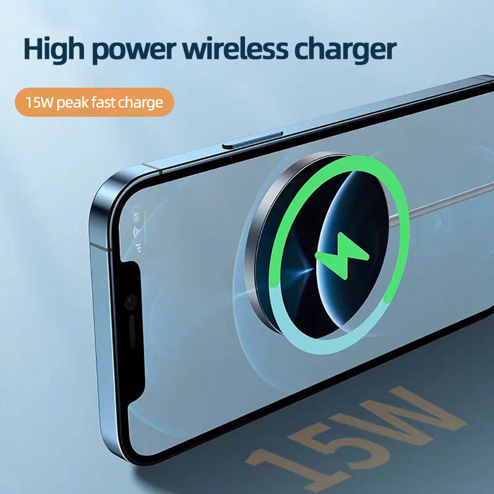 High power wireless charger with 15W peak fast charge indicator on a blue background