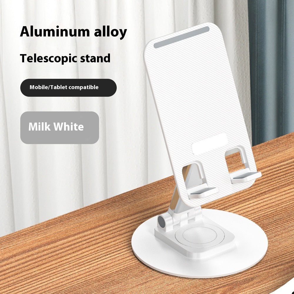 White telescopic stand on a wooden surface with text indicating material and compatibility.