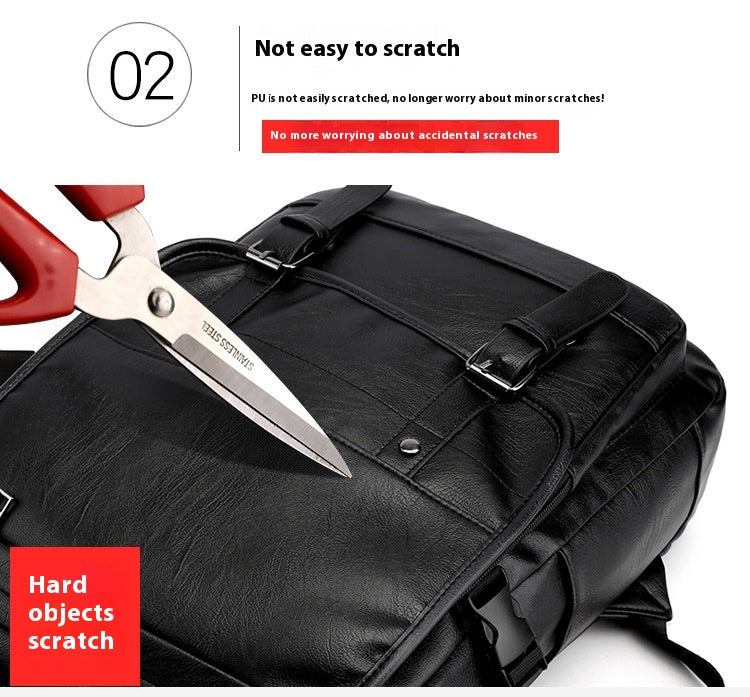 Black backpack with a pair of scissors attempting to scratch it, with text indicating durability.