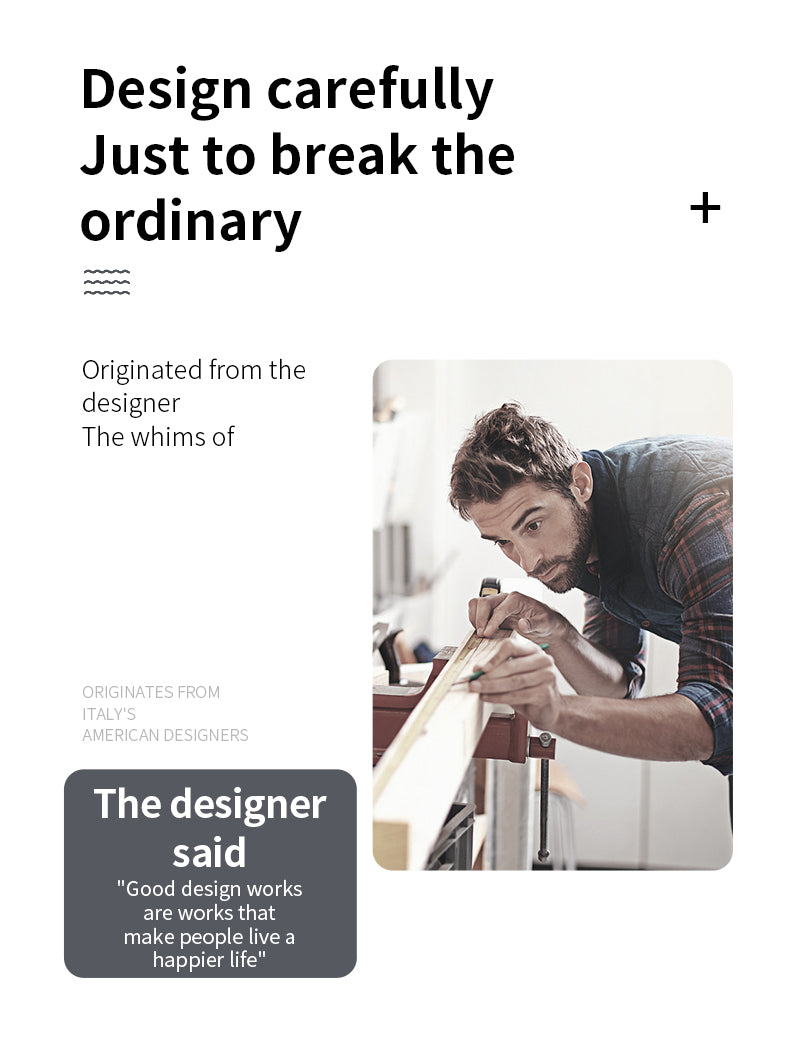 Man working on a project with text about design and happiness.