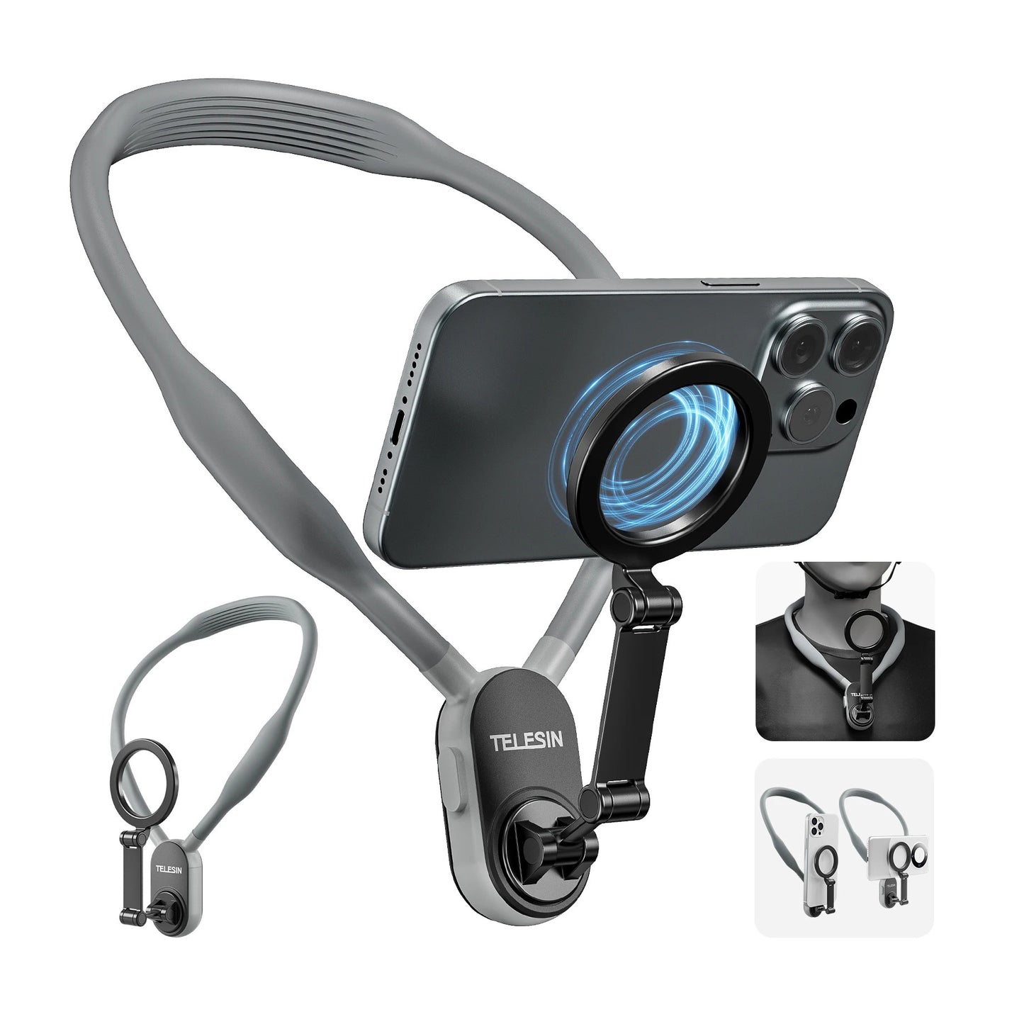 Smartphone camera extension with magnifying glass and Telesin branding on a white background