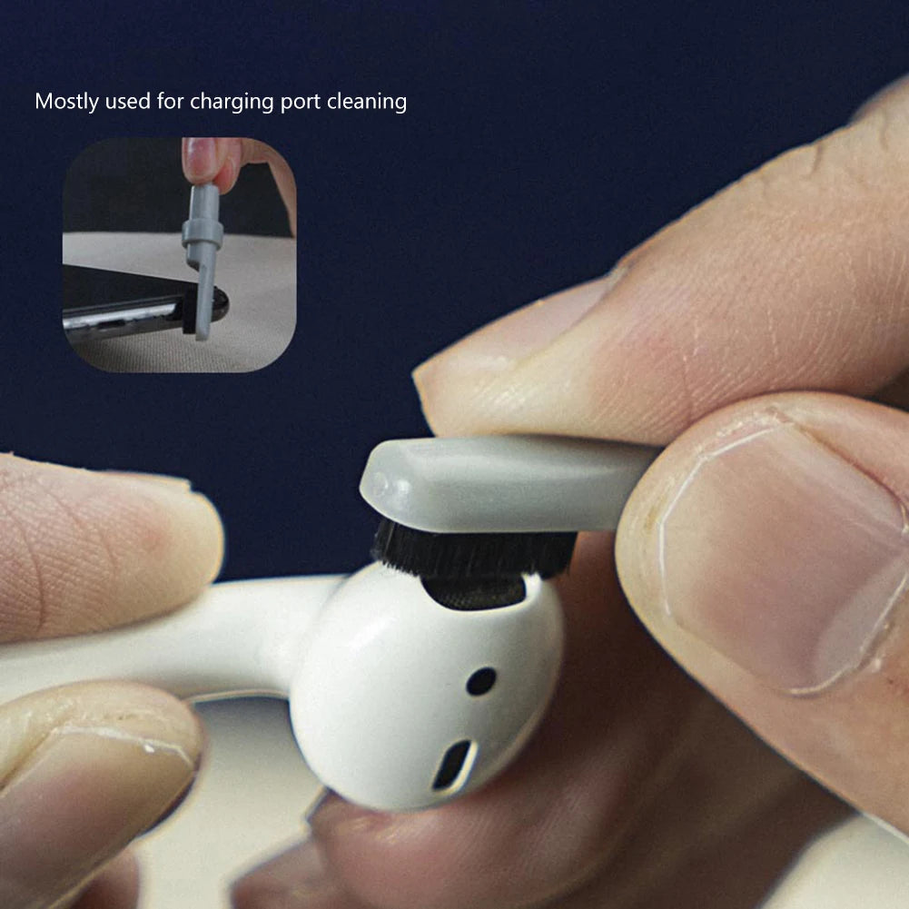 Person cleaning a wireless earbud with a small brush, inset showing cleaning action on a faucet.