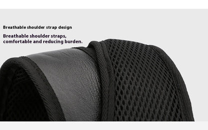 Close-up of breathable shoulder straps with text on a white background