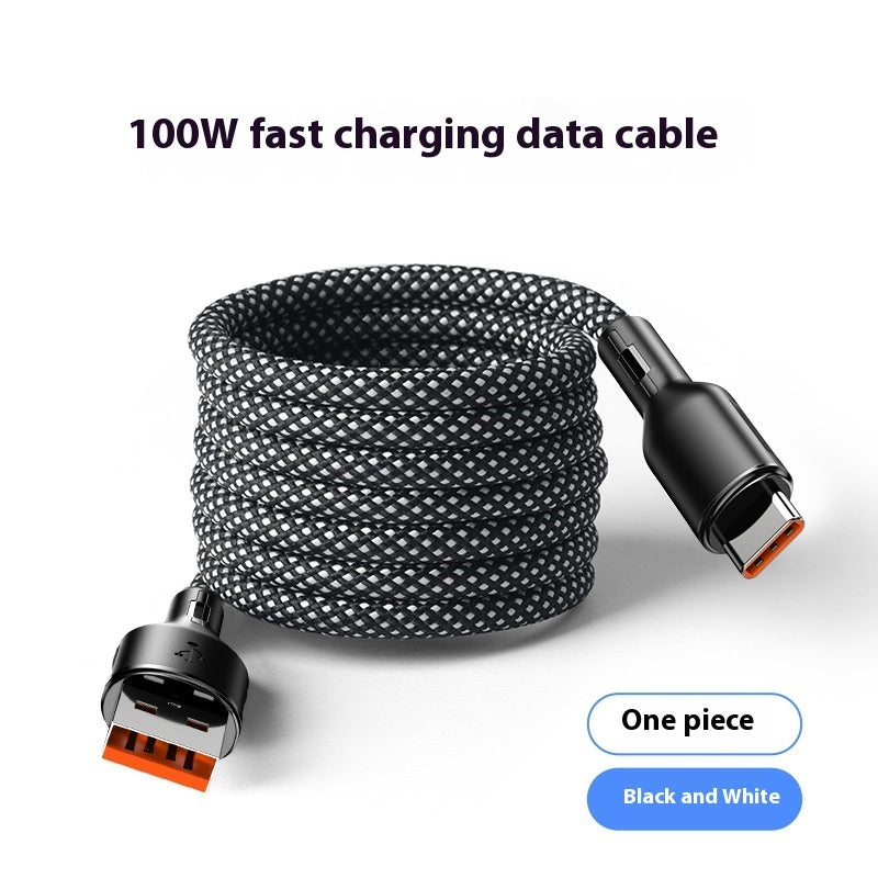 100W fast charging data cable with black and white braided design on a white background