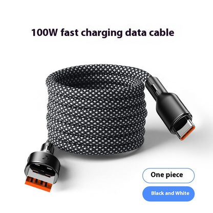 100W fast charging data cable with black and white braided design on a white background
