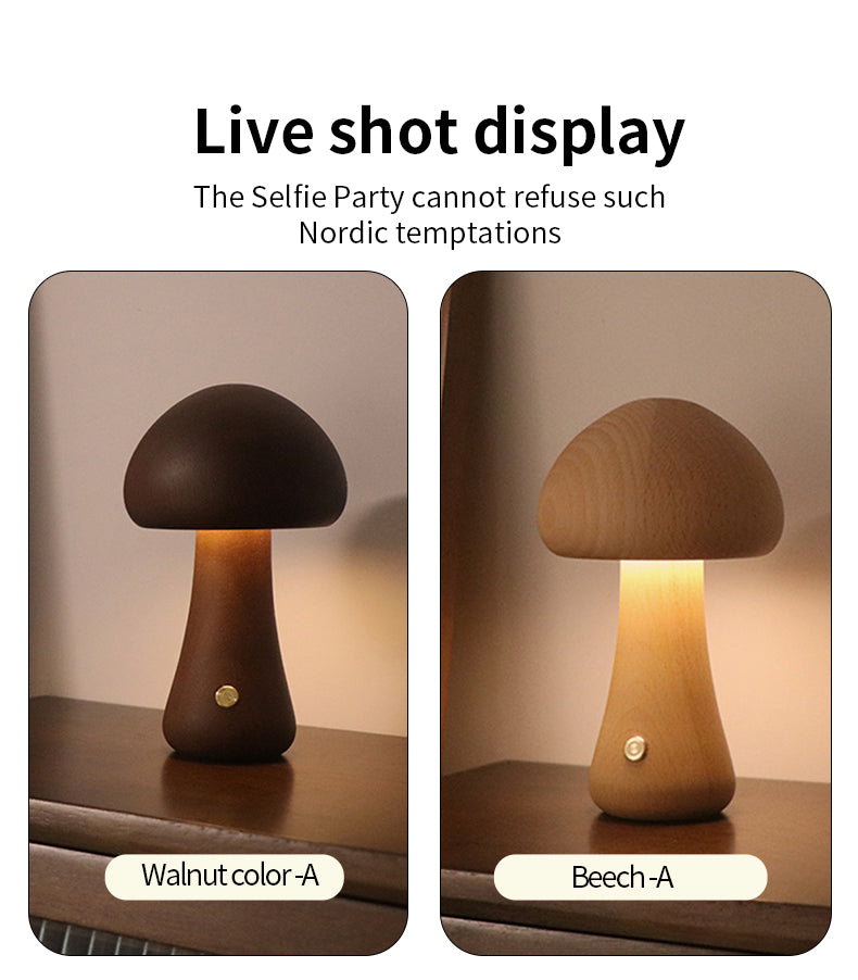 Two mushroom-shaped lamps in Walnut and Beech colors on a neutral background.
