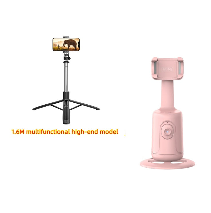 Pink smartphone gimbal with tripod and smartphone on a white background