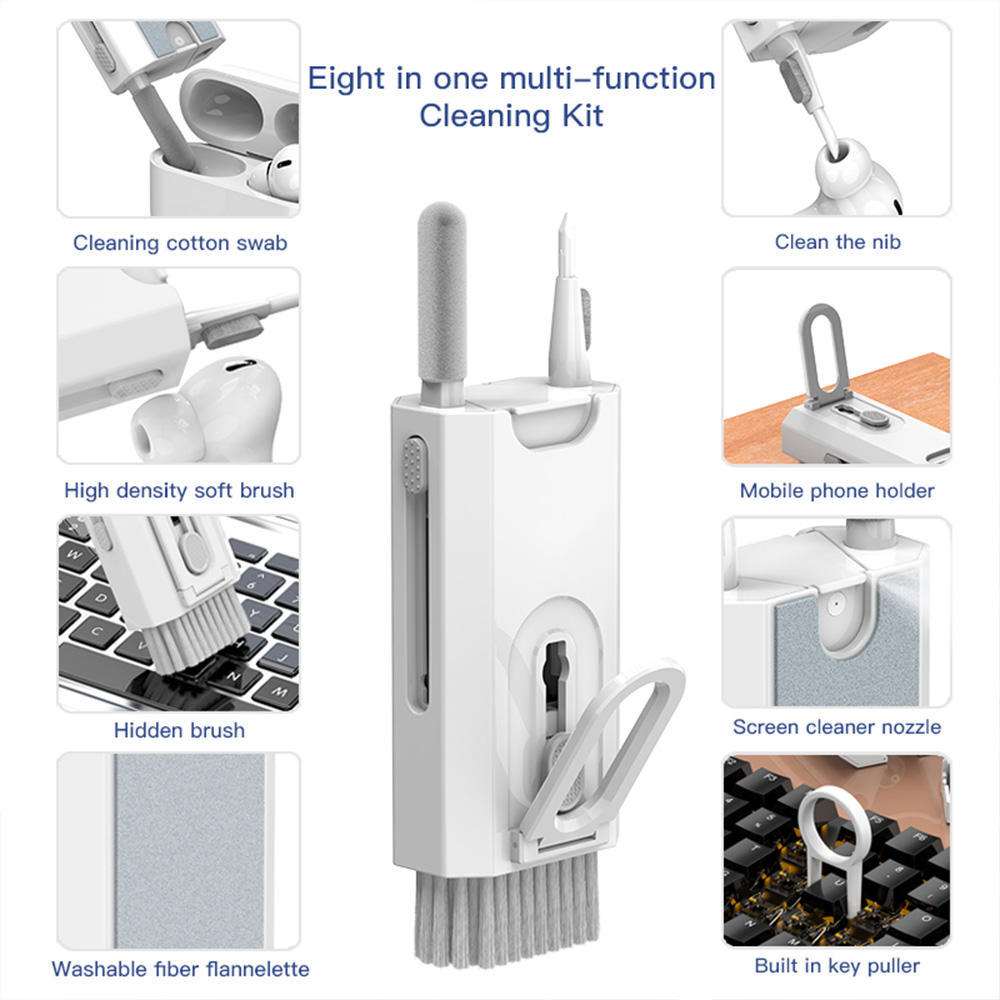 Eight-in-one multi-function cleaning kit with various components shown.