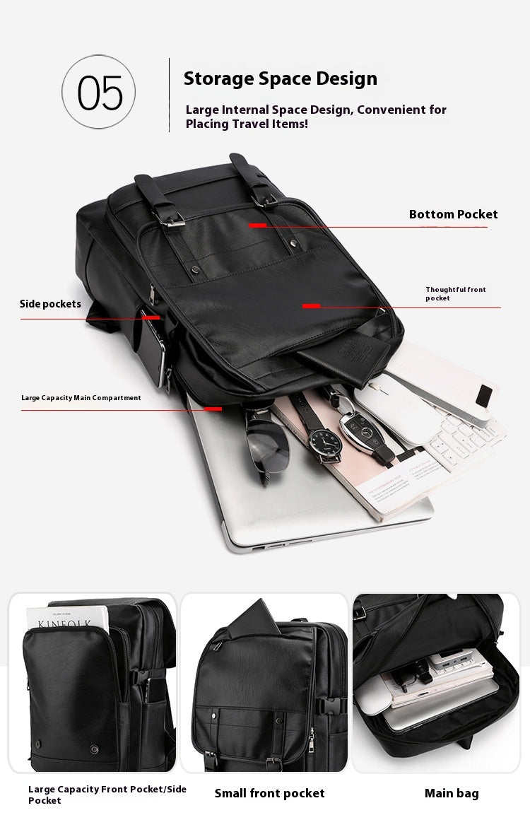 Black backpack with labeled compartments and travel items on a white background