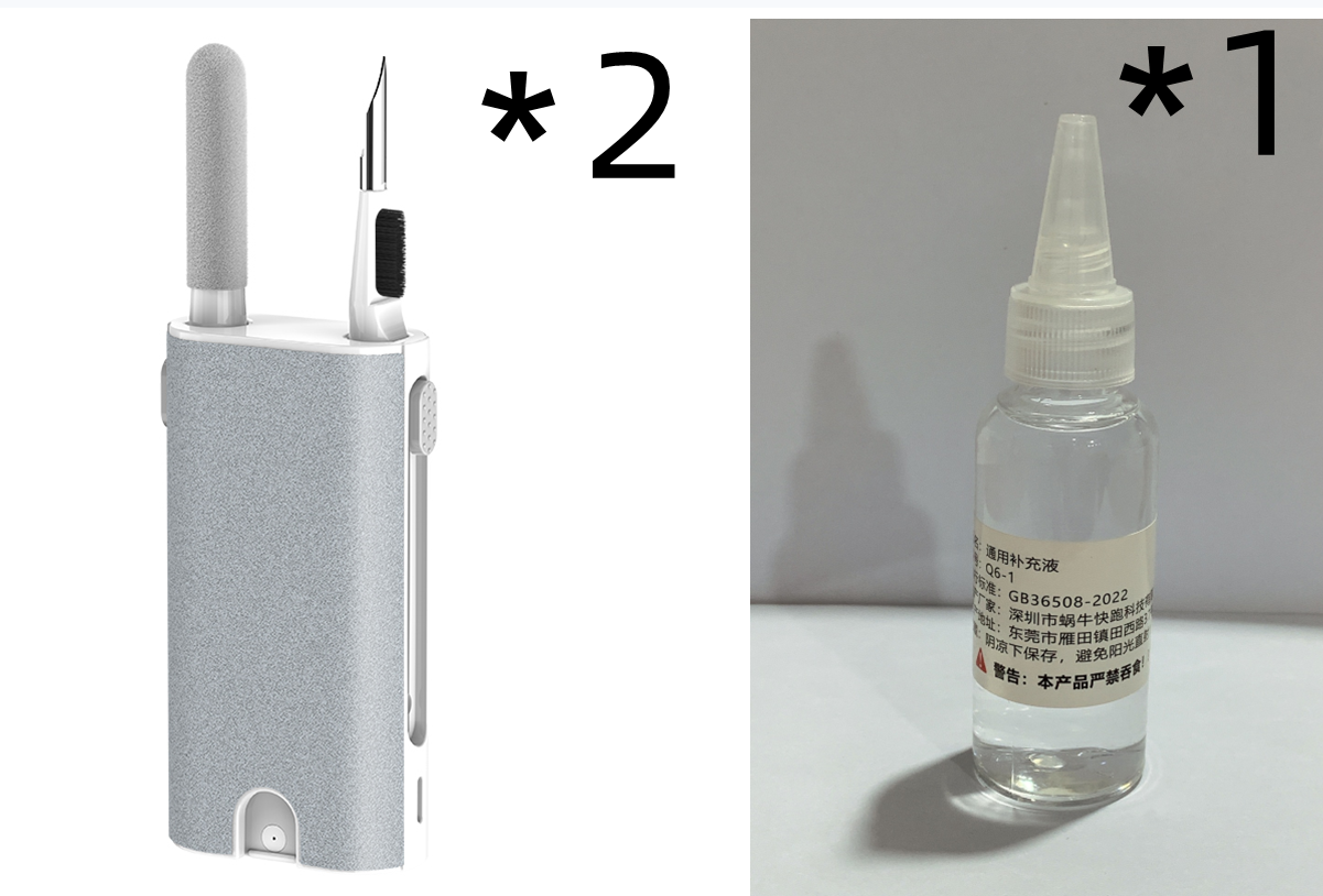 Electronic device with a pen-like attachment and a bottle labeled '1' on a white background.