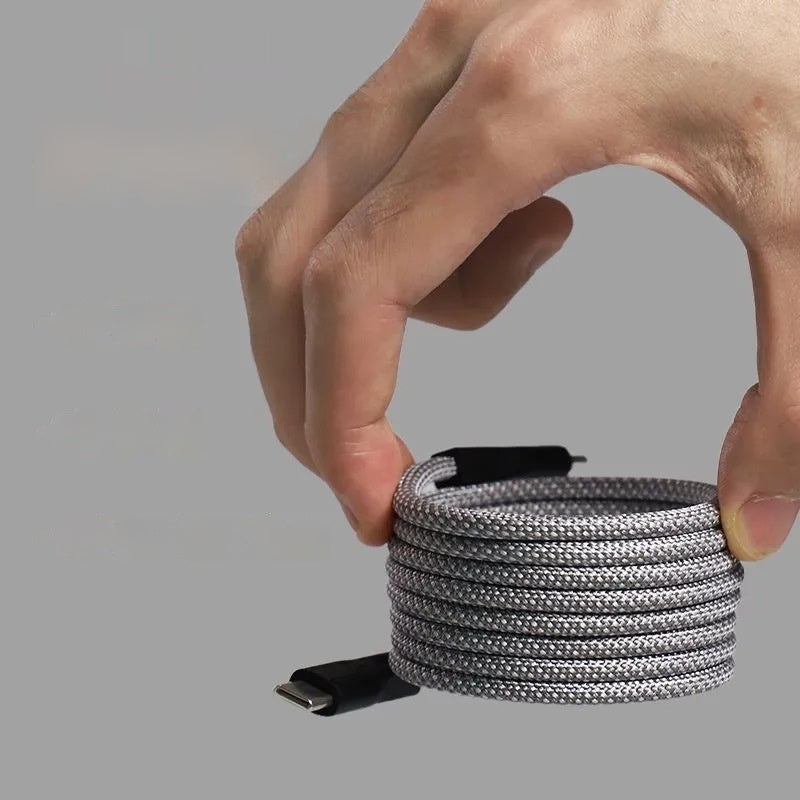 Hand holding a coiled silver cable against a gray background