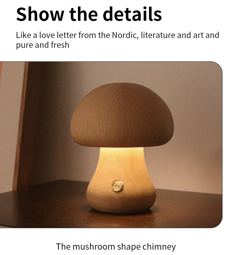 Mushroom-shaped lamp on a wooden surface with a neutral background