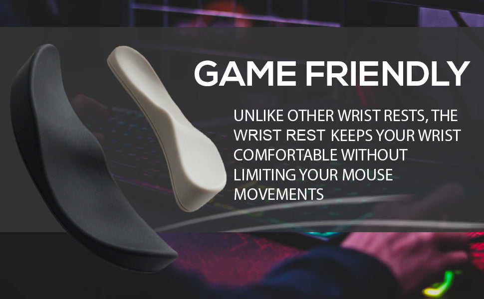 Wrist rest with text highlighting its benefits on a gaming setup background