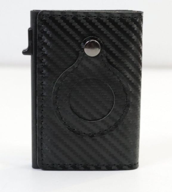 Black carbon fiber patterned cardholder on a white background