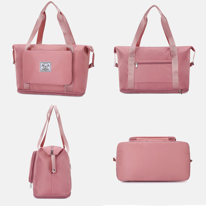 Set of pink bags with straps on a white background