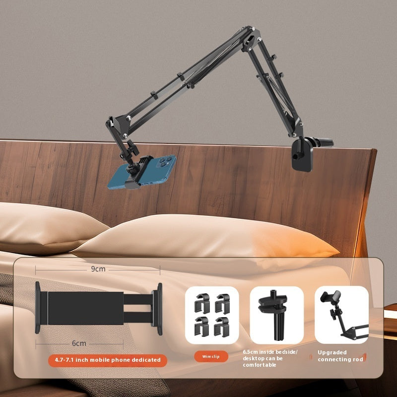 Adjustable arm mount on a headboard with product features displayed below.