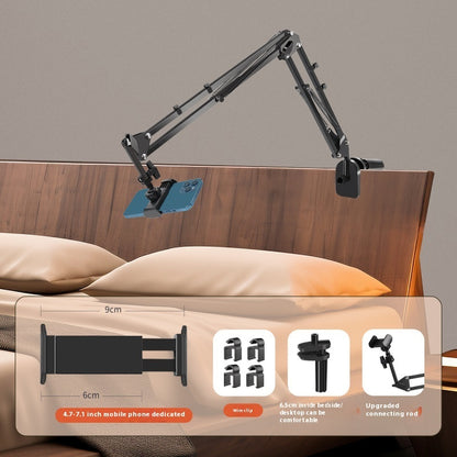 Adjustable arm mount on a headboard with product features displayed below.
