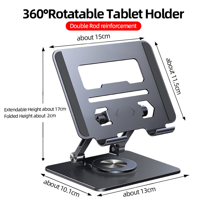 360° Rotatable Tablet Holder with dimensions and features on a white background