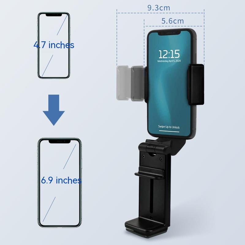 Phone holder with smartphone displaying screen, showing dimensions on a light gray background