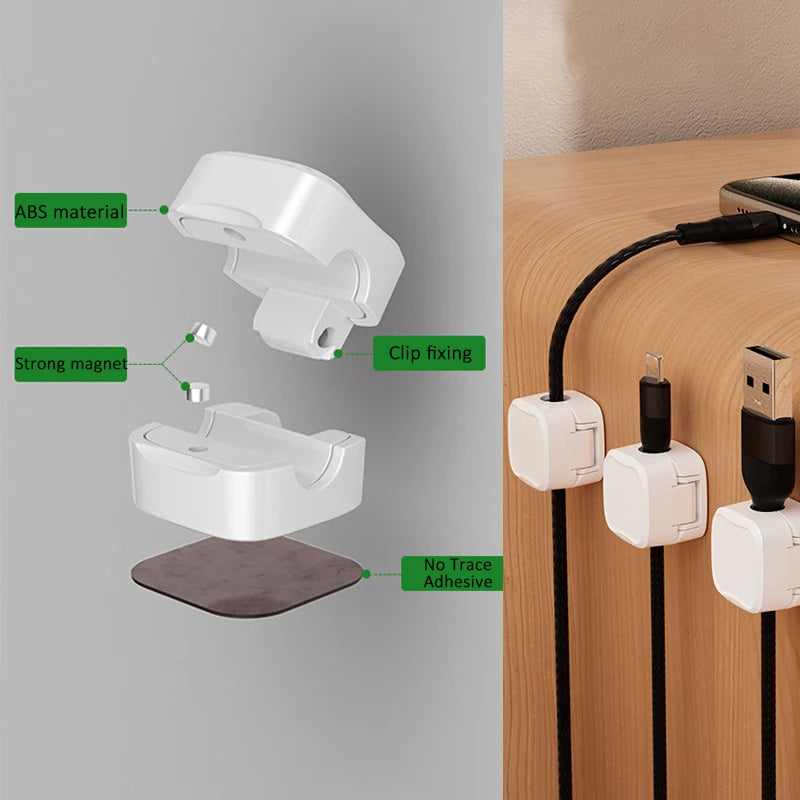 White cable management clip with features highlighted on a gray background, showing its use on a wooden surface.