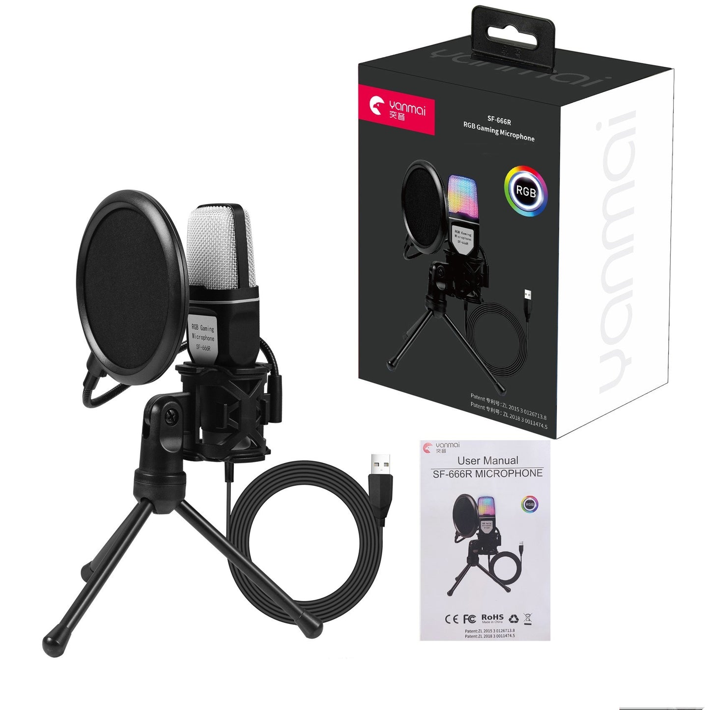 Gaming microphone with stand, pop filter, and manual next to its packaging on a white background