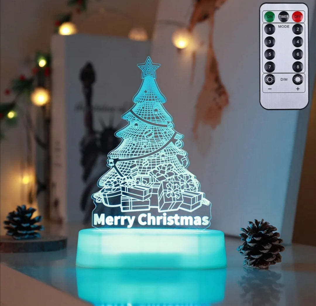 Christmas tree-themed LED lamp with 'Merry Christmas' text, remote control on the side.