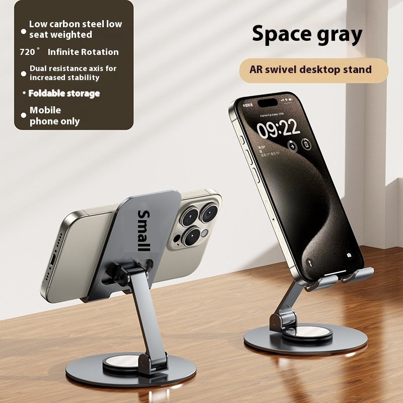 Two smartphone stands on a wooden surface with a phone on top, featuring text about the product's features.