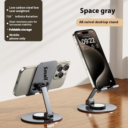 Two smartphone stands on a wooden surface with a phone on top, featuring text about the product's features.