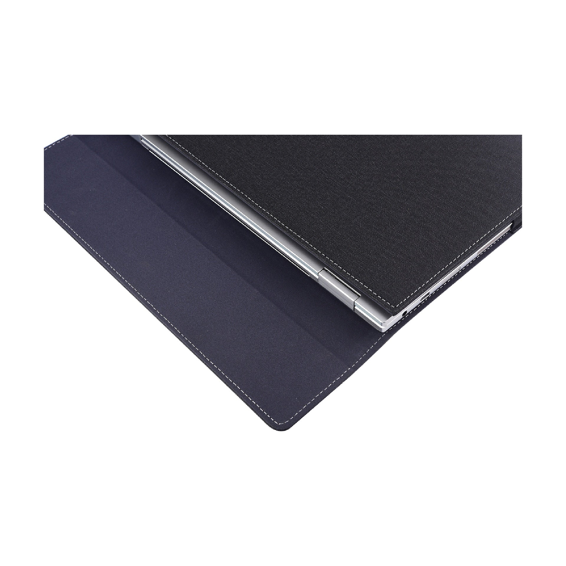 Black leather-bound notebook with a silver edge on a white background