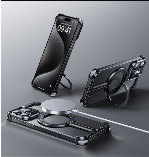 Smartphone with a protective case and stand on a gray background