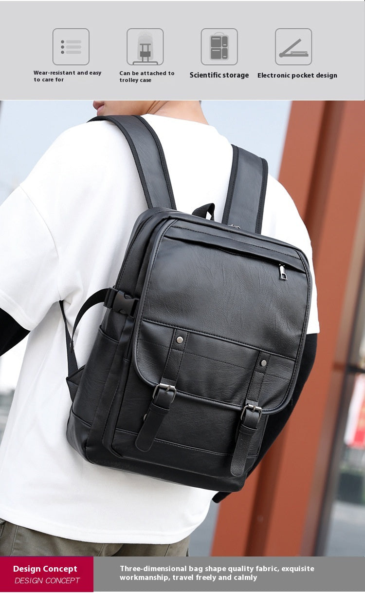 Black backpack worn by a person with text on durability, attachment to luggage, storage capacity, and electronic pocket design.
