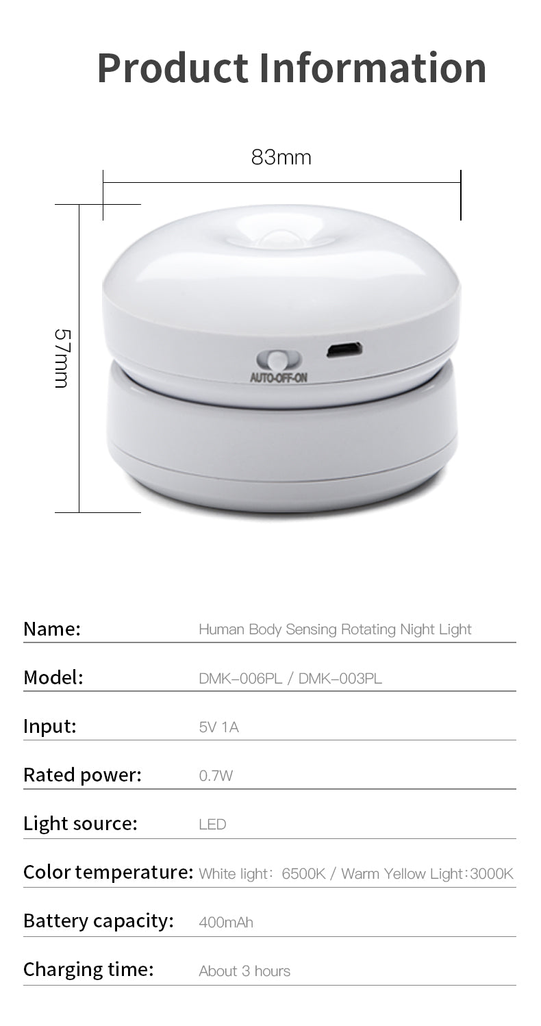 Product information of a human body sensing night light with dimensions and specifications.