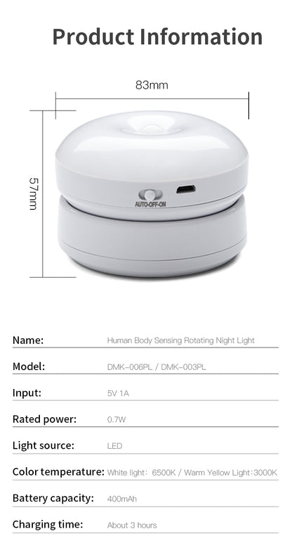 Product information of a human body sensing night light with dimensions and specifications.