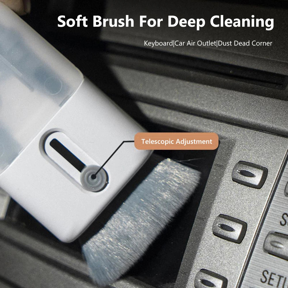 Soft brush for deep cleaning with telescopic adjustment feature, used on car air outlet.