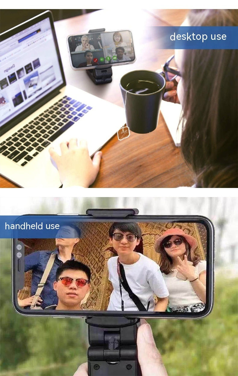 Two images showing a smartphone with a mount on a desk and handheld, with text indicating 'desktop use' and 'handheld use'.