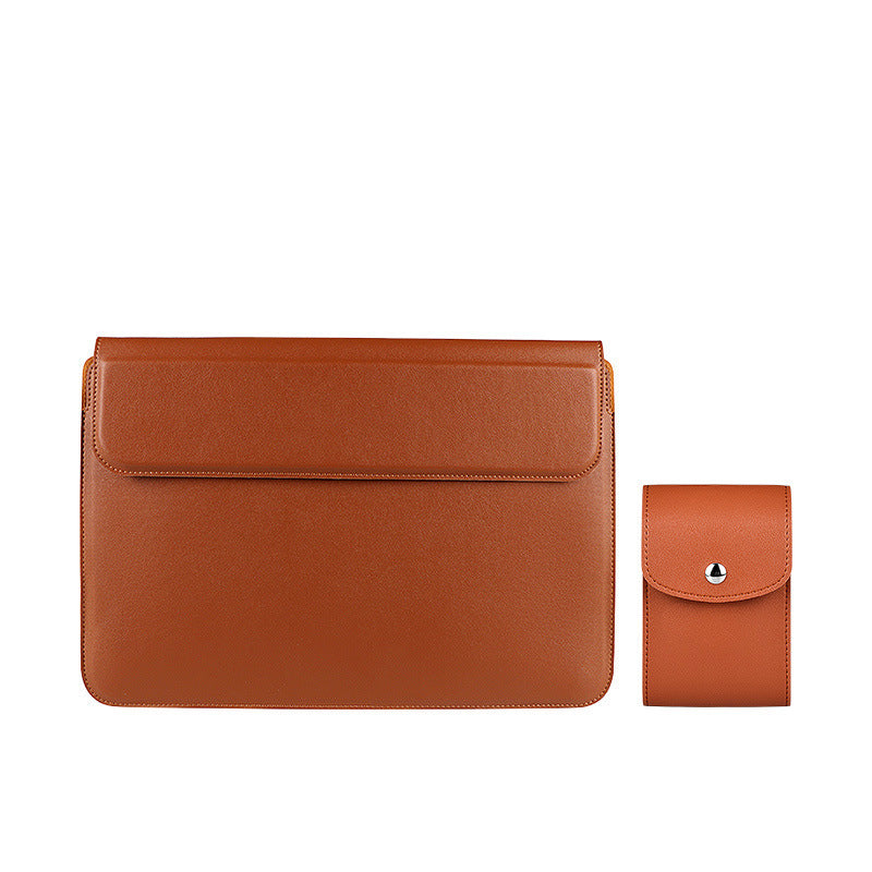 Brown leather sleeve and small pouch on a white background