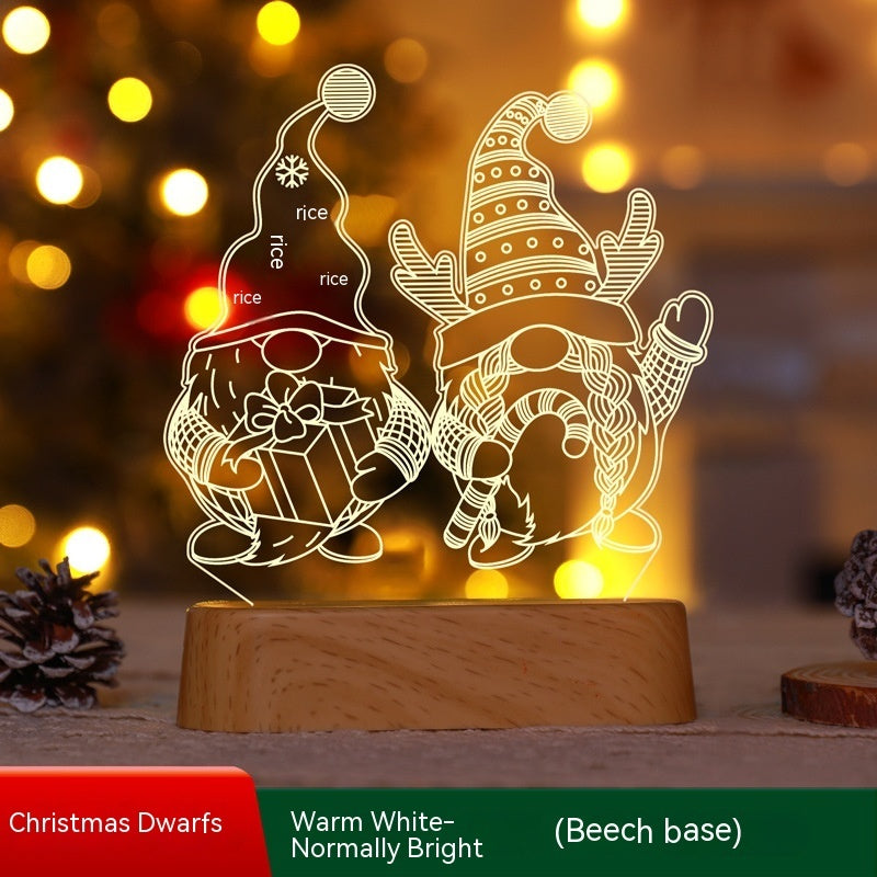 Gnome-shaped night light with a wooden base on a blurred festive background