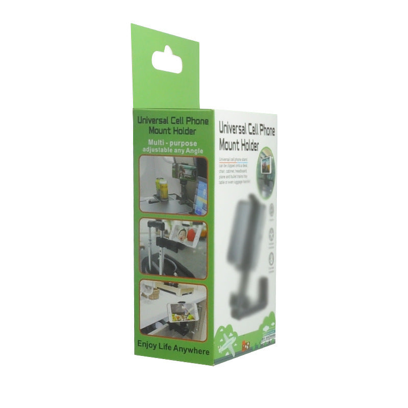 Packaging of a universal cell phone mount holder with images and text on a white background