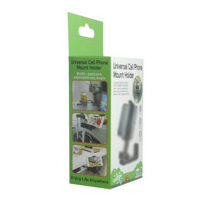 Packaging of a universal cell phone mount holder with images and text on a white background
