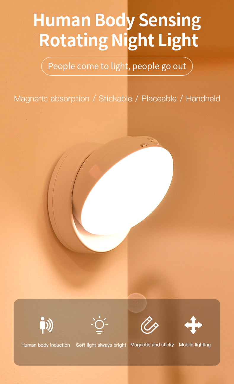 Human body sensing rotating night light on an orange background
