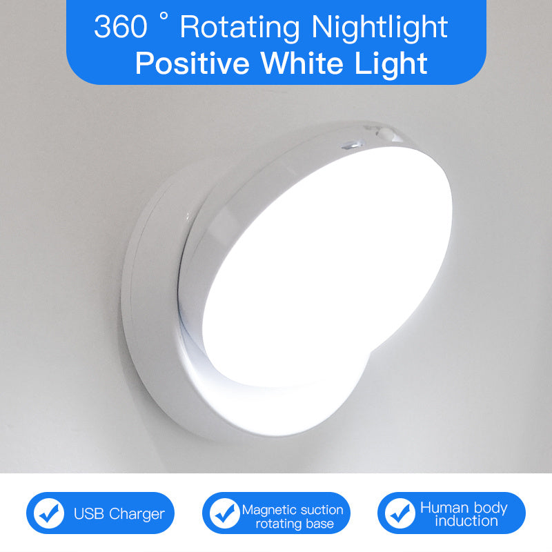 Circular nightlight with positive white light on a gray background, featuring text and icons about its features.