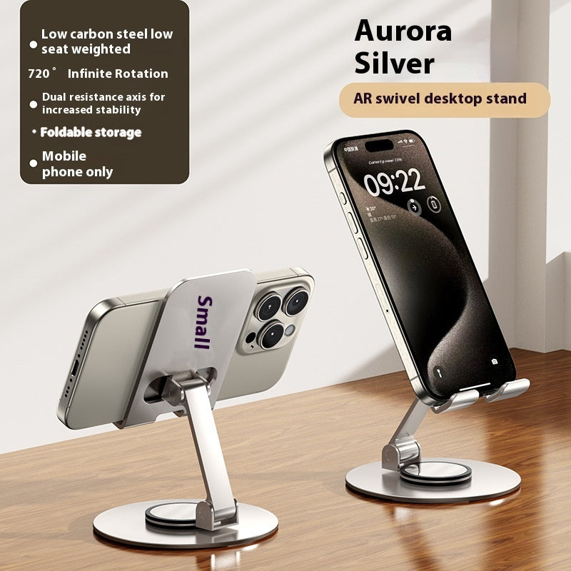 Silver AR swivel desktop stand with smartphone on a wooden surface, featuring 'Small' branding.