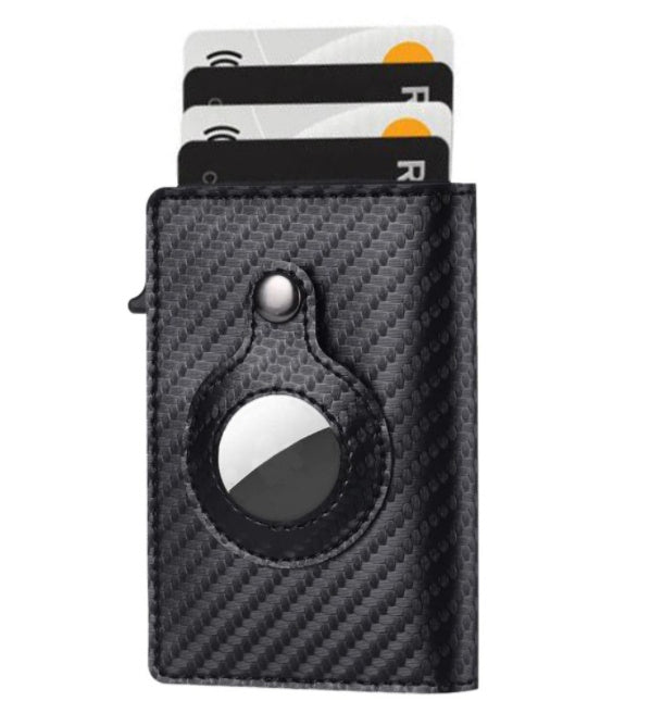 Black carbon fiber patterned cardholder with card slots on a white background