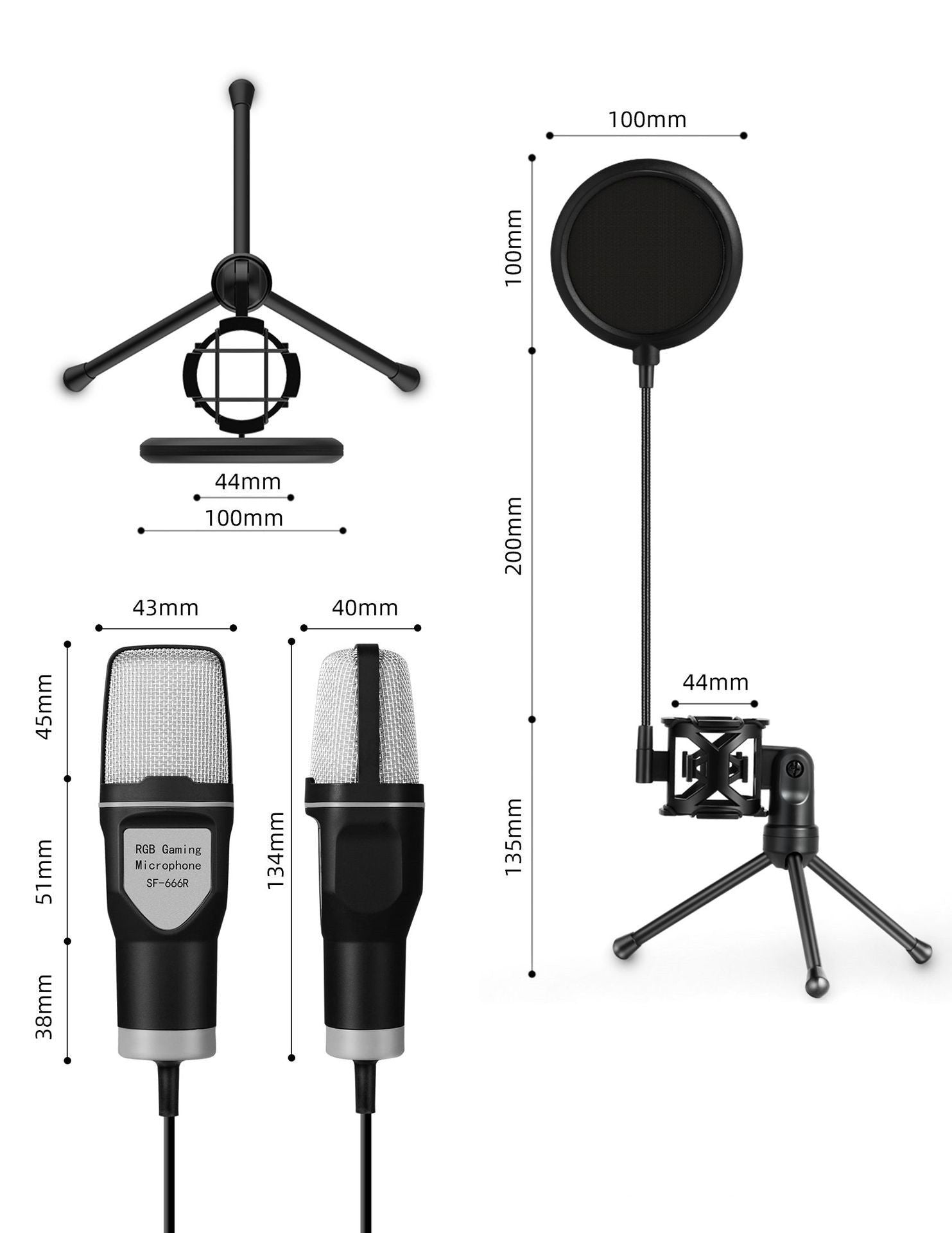 Set of studio microphone accessories with dimensions on a white background
