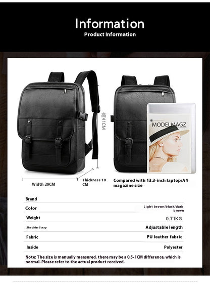 Black backpack with product information displayed on a white background