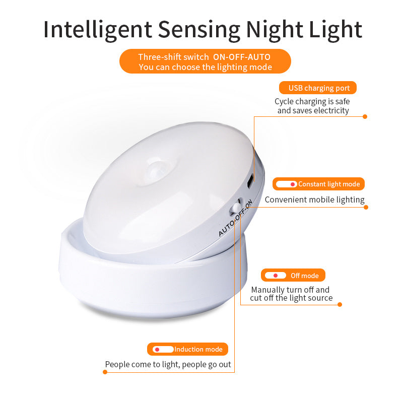 Intelligent sensing night light with features highlighted on a white background