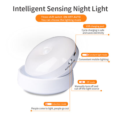 Intelligent sensing night light with features highlighted on a white background
