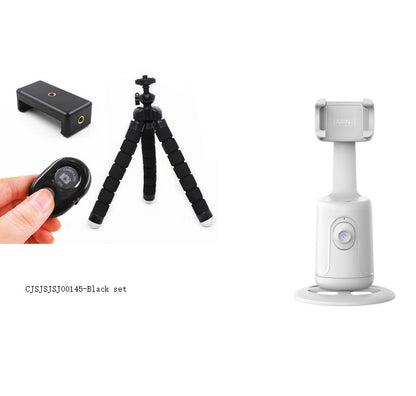 Collection of camera accessories including a remote control, tripod, and holder on a white background.